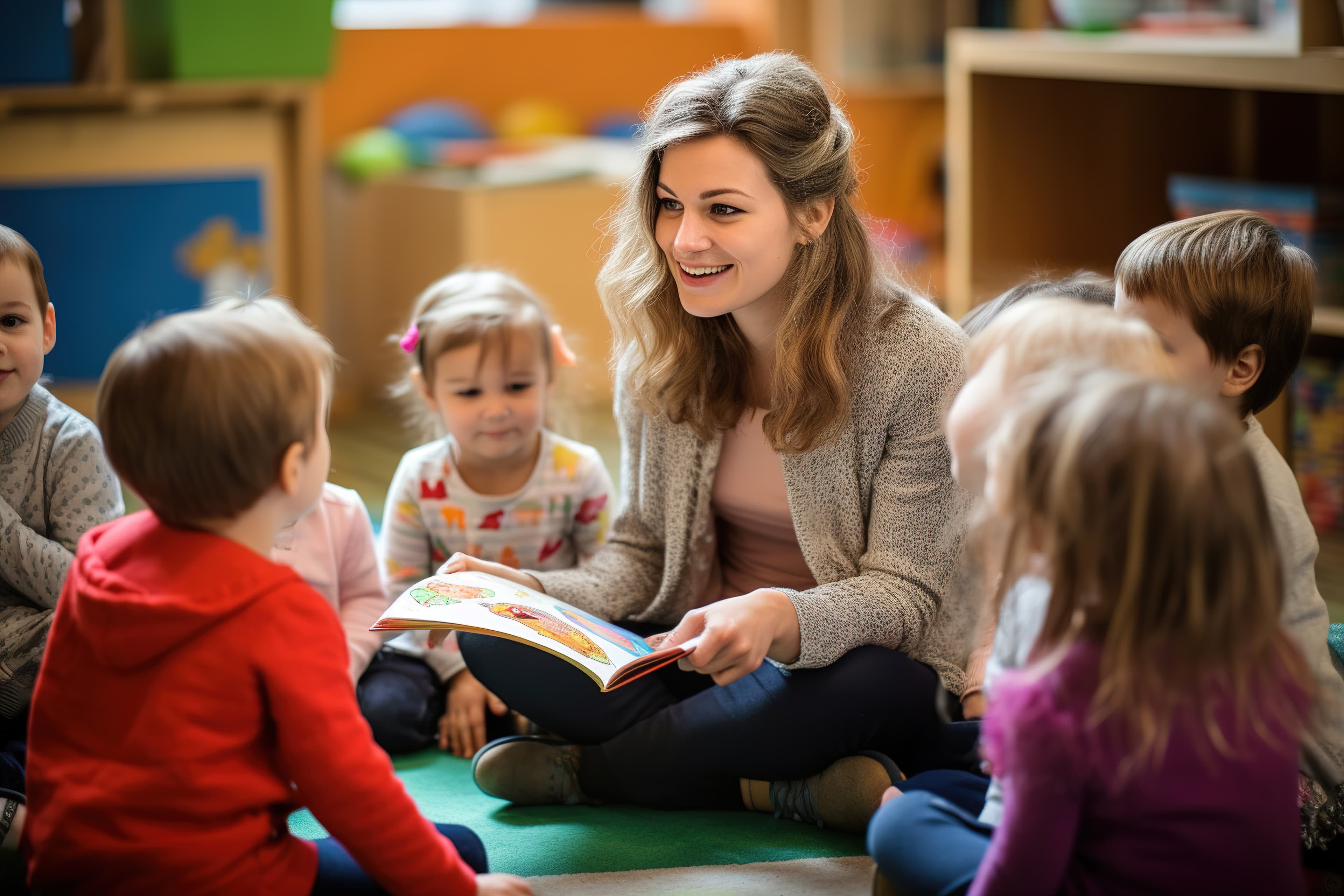 A guide sharing a picture book with young children during story time