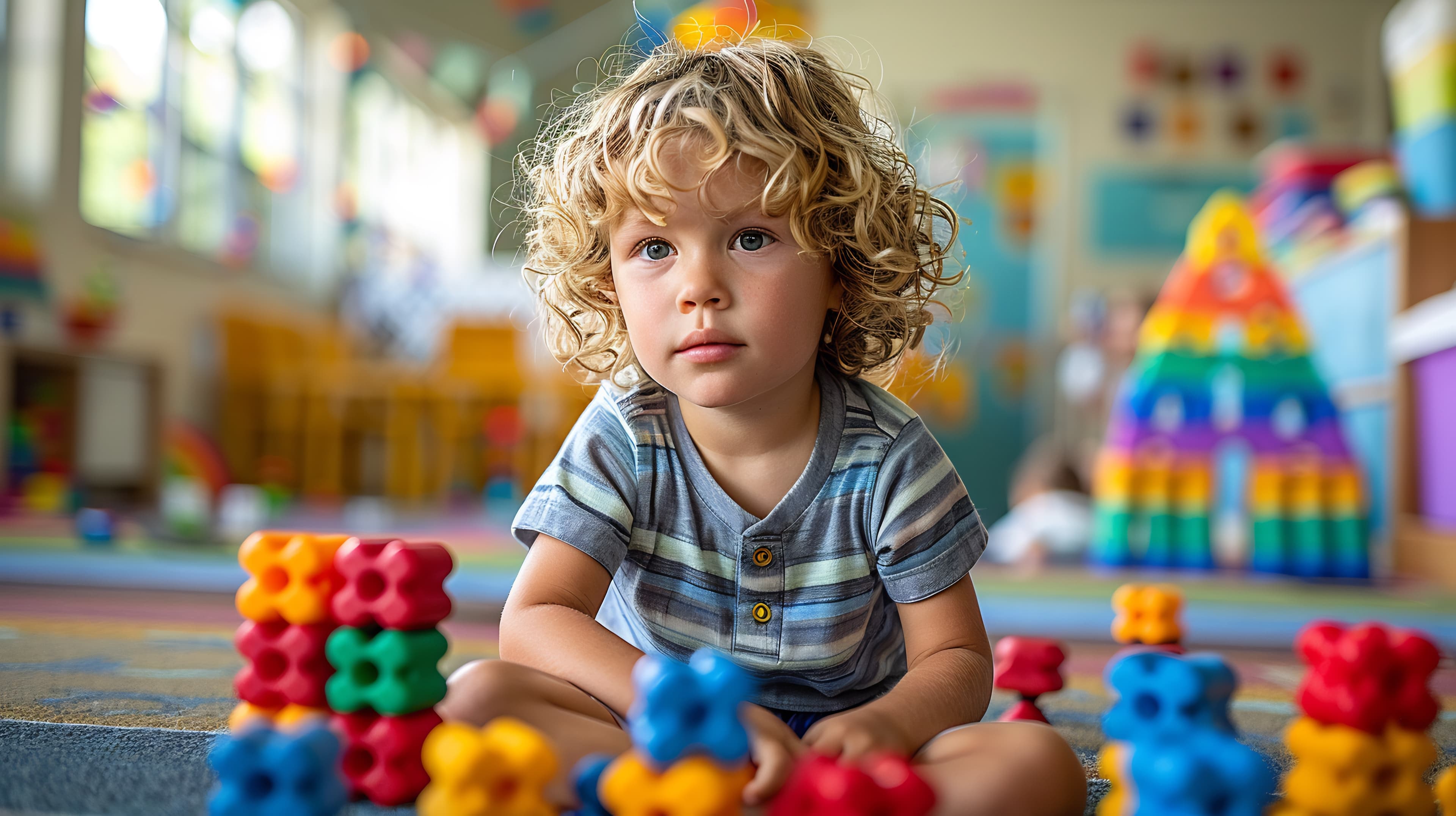 Child focusing on a hands-on classroom activity with colorful learning materials