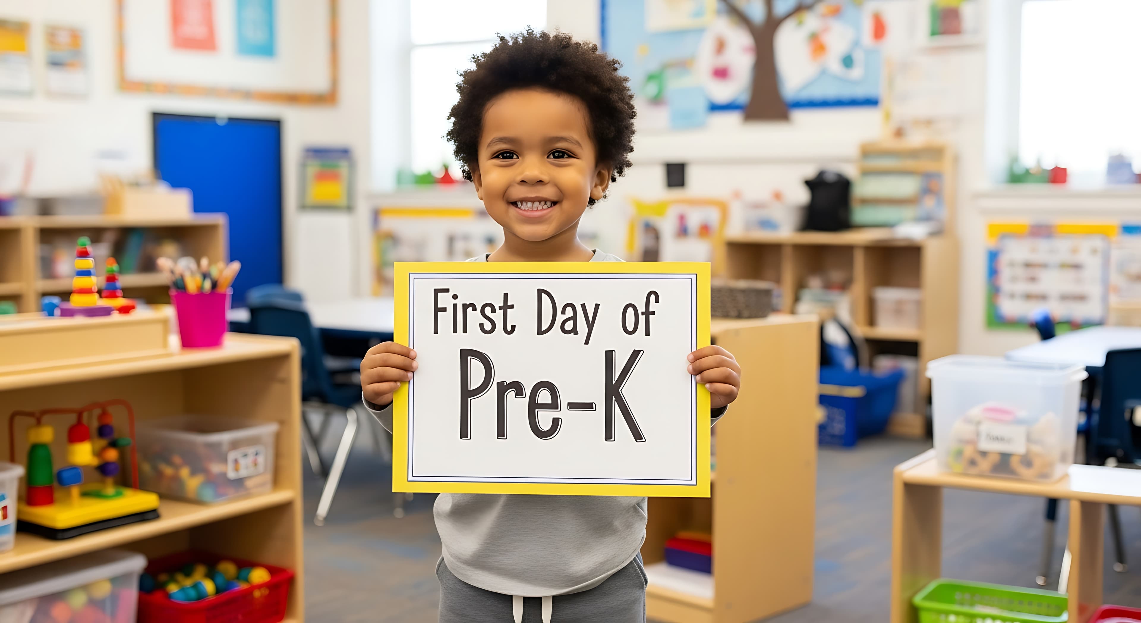 Smiling child holding a First Day of Pre-K sign in a classroom