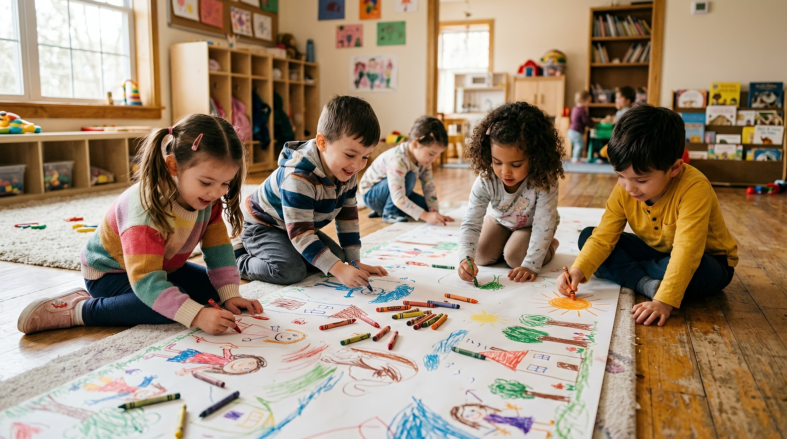 Children drawing together with colorful crayons on a large sheet of paper