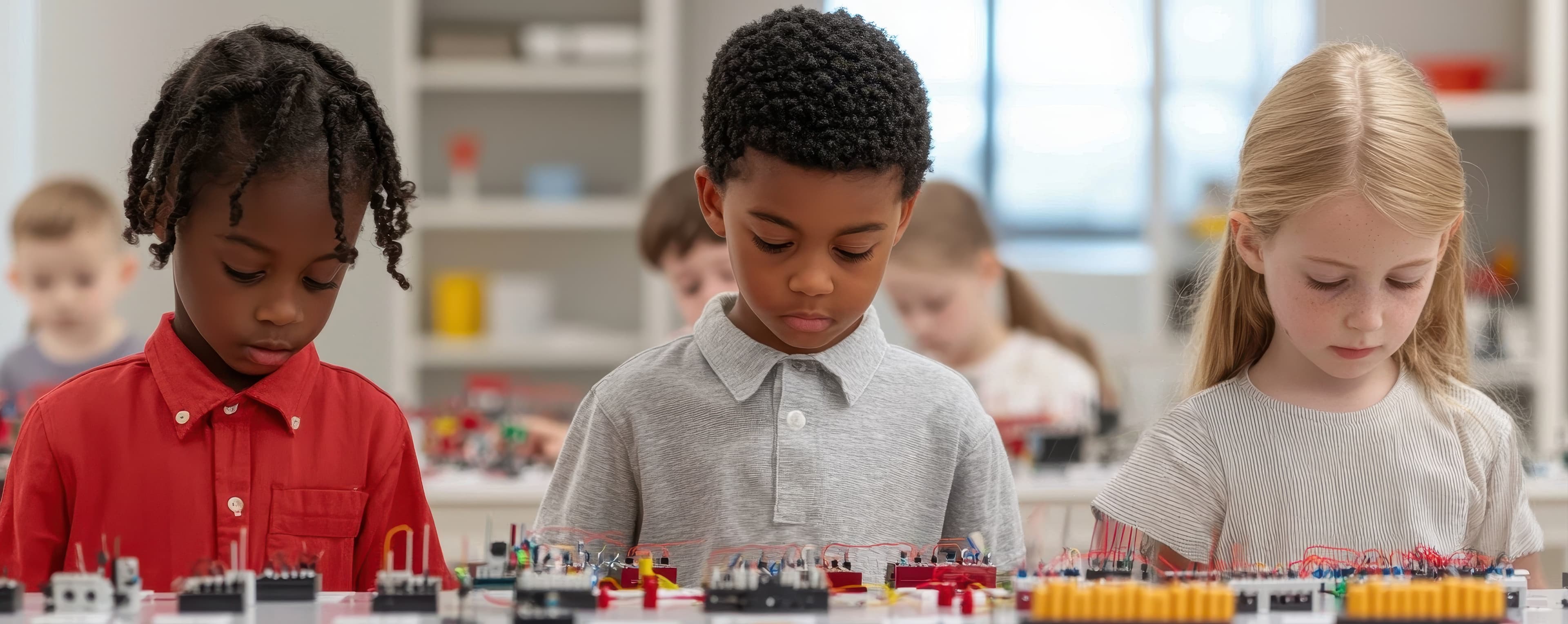 Children exploring hands-on STEM materials in a classroom