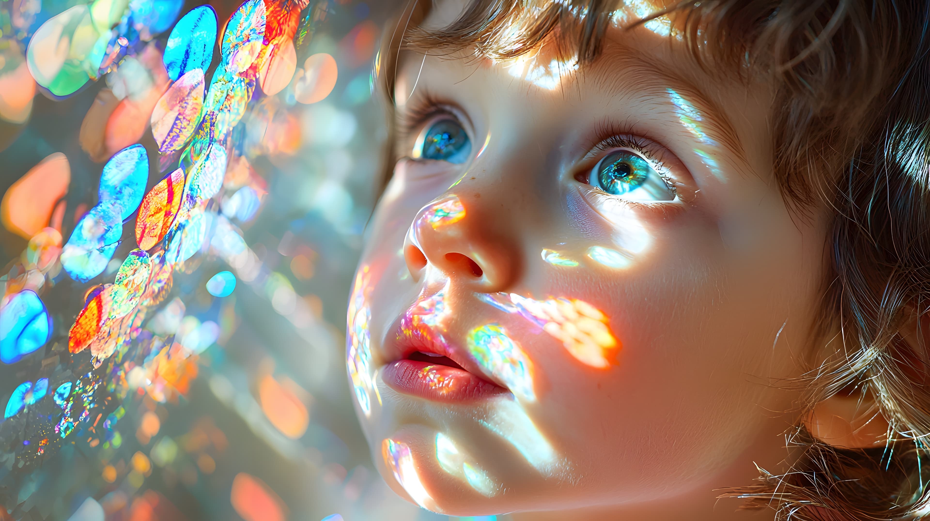Child looking with wonder at colorful light, representing discovery and imagination